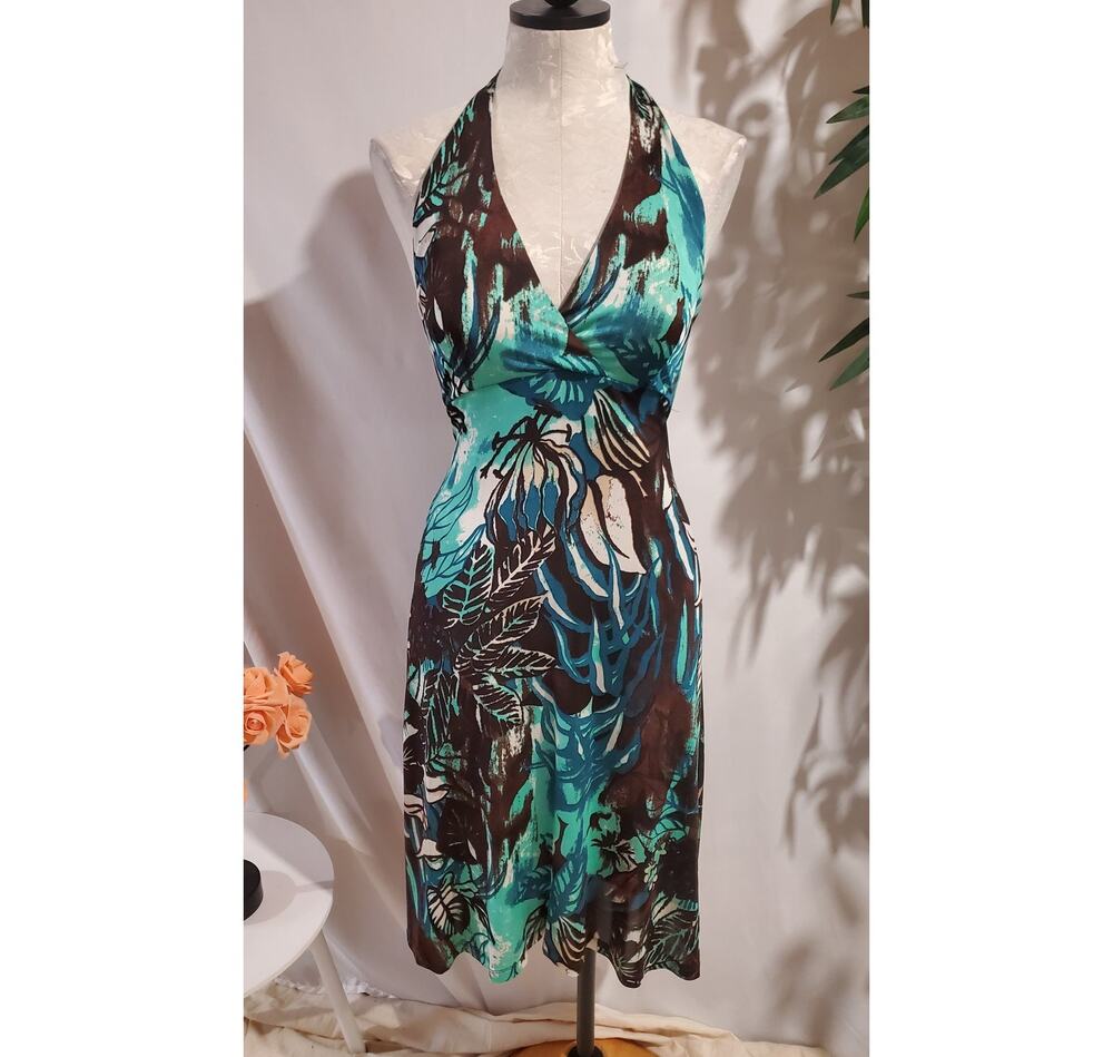Vtg Y2K Karen Kane Tropical Floral Stretch Tieback Halter Dress Size M Travel
